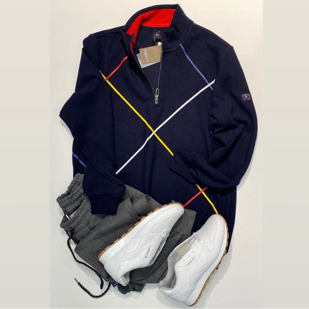 Blue and Red Zip Up Sweater with Geometric Design